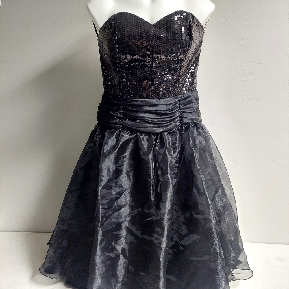Mocca Marianna Black Sequin Satin Midi‎ Dress Evening Formal Strapless Y2K